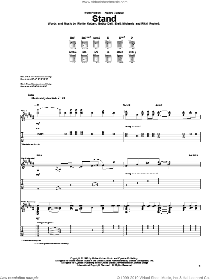 Stand sheet music for guitar (tablature) by Poison, Bobby Dall, Brett Michaels, Bruce Johannesson, Richie Kotzen and Rikki Rockett, intermediate skill level
