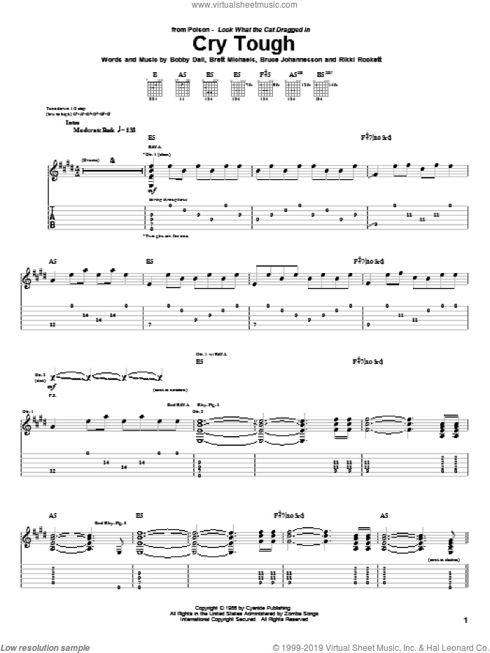 Cry Tough sheet music for guitar (tablature) by Poison, Bobby Dall, Brett Michaels, Bruce Johannesson and Rikki Rockett, intermediate skill level