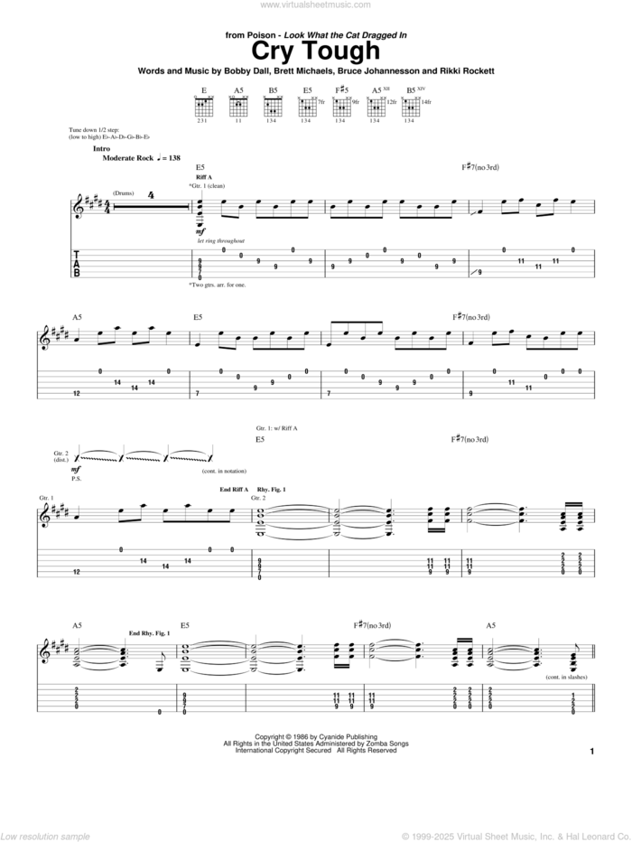 Cry Tough sheet music for guitar (tablature) by Poison, Bobby Dall, Brett Michaels, Bruce Johannesson and Rikki Rockett, intermediate skill level