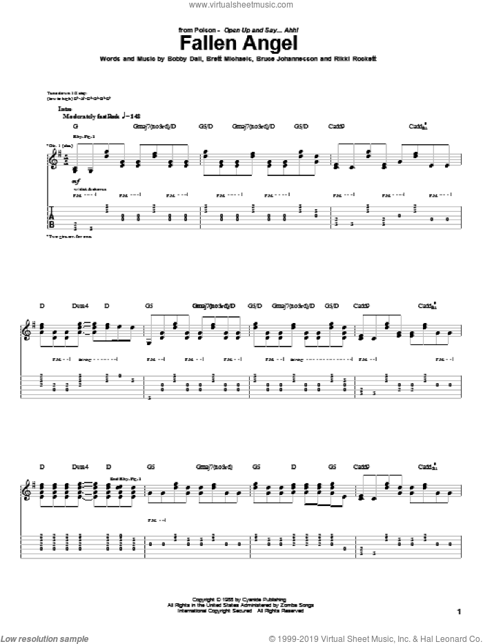 Fallen Angel sheet music for guitar (tablature) by Poison, Bobby Dall, Brett Michaels, Bruce Johannesson and Rikki Rockett, intermediate skill level