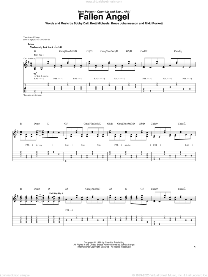 Fallen Angel sheet music for guitar (tablature) by Poison, Bobby Dall, Brett Michaels, Bruce Johannesson and Rikki Rockett, intermediate skill level