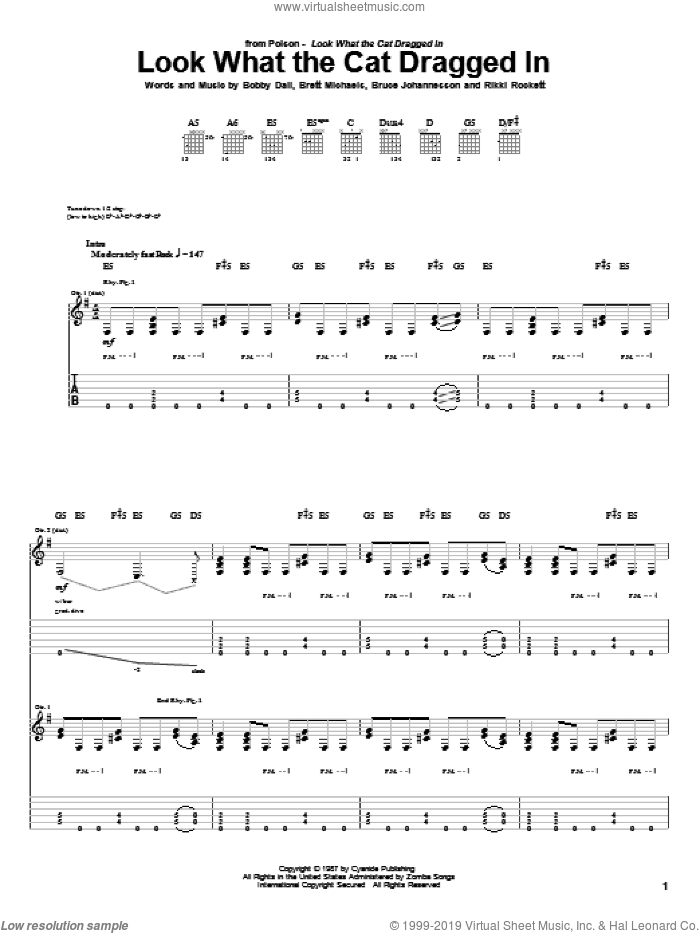 Look What The Cat Dragged In sheet music for guitar (tablature) by Poison, Bobby Dall, Brett Michaels, Bruce Johannesson and Rikki Rockett, intermediate skill level