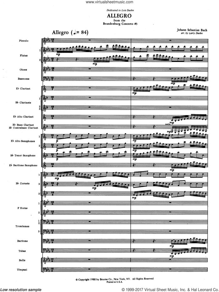 Allegro from Brandenburg Concerto No. 3 (COMPLETE) sheet music for concert band by Johann Sebastian Bach and Larry Daehn, intermediate skill level