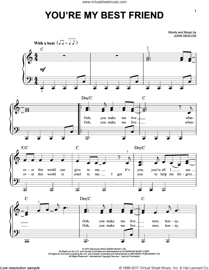 You're My Best Friend sheet music for piano solo by Queen and John Deacon, easy skill level