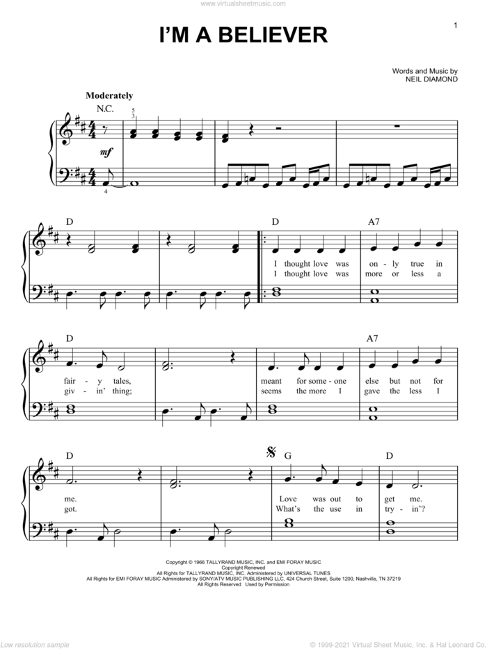 I'm A Believer sheet music for piano solo by The Monkees, Smash Mouth and Neil Diamond, easy skill level