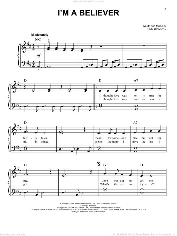 I'm A Believer sheet music for piano solo by The Monkees, Smash Mouth and Neil Diamond, easy skill level