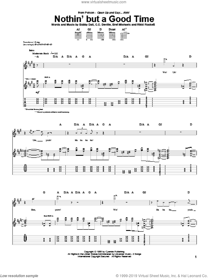 Nothin' But A Good Time sheet music for guitar (tablature) by Poison, Bobby Dall, Brett Michaels, Bruce Johannesson and Rikki Rockett, intermediate skill level