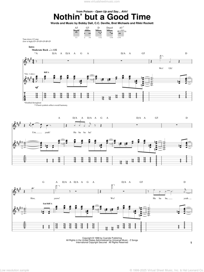 Nothin' But A Good Time sheet music for guitar (tablature) by Poison, Bobby Dall, Brett Michaels, Bruce Johannesson and Rikki Rockett, intermediate skill level