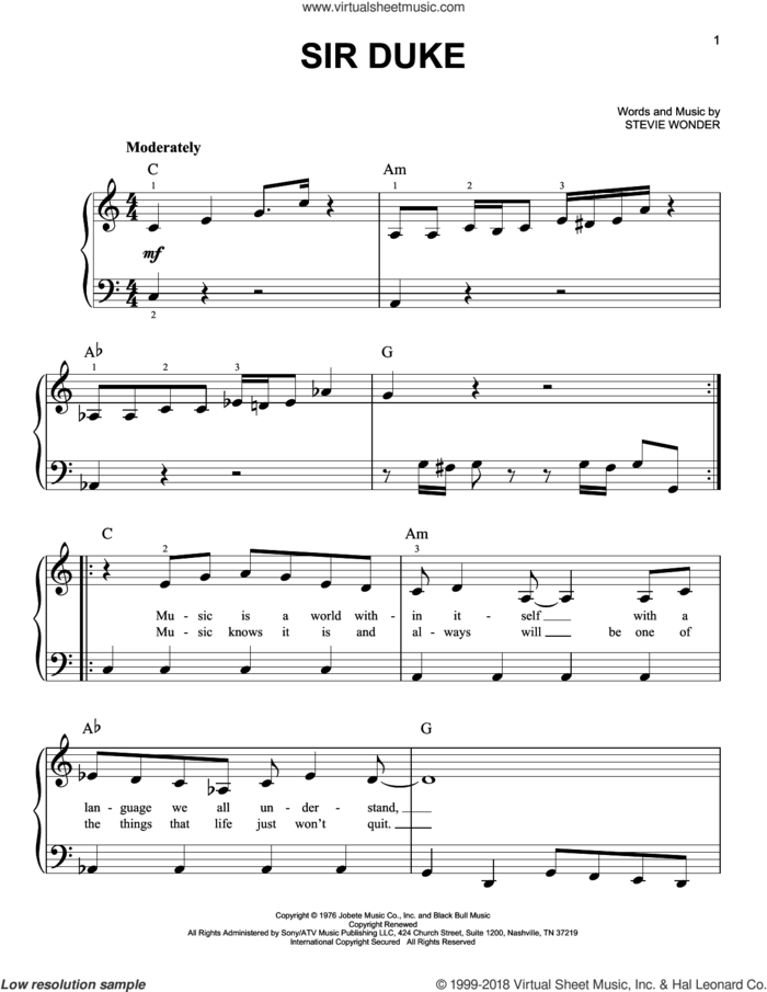 Sir Duke, (easy) sheet music for piano solo by Stevie Wonder, easy skill level