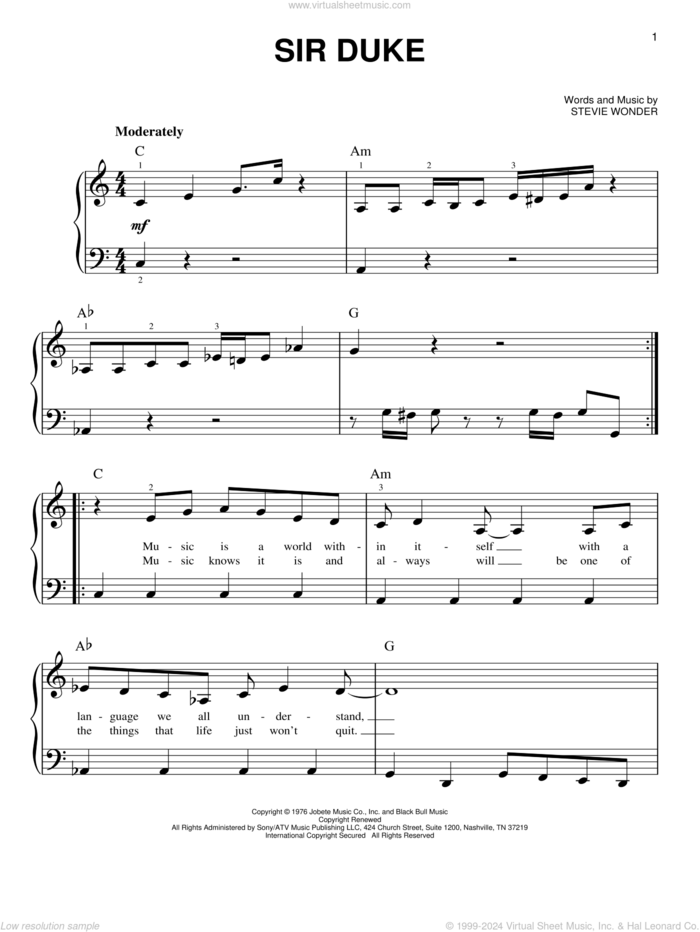 Sir Duke, (easy) sheet music for piano solo by Stevie Wonder, easy skill level