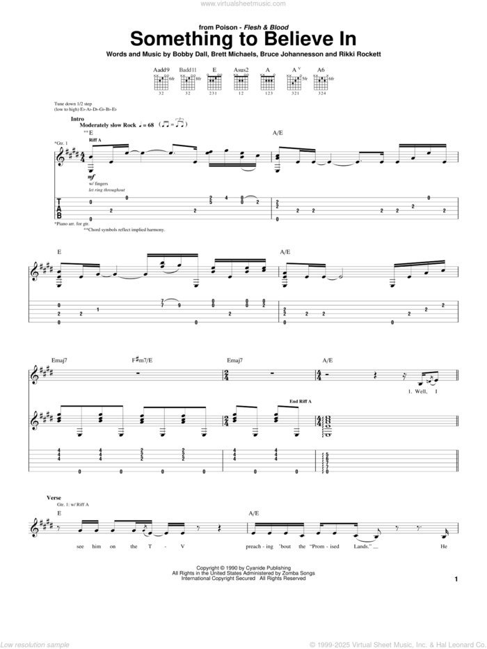 Something To Believe In sheet music for guitar (tablature) by Poison, Bobby Dall, Brett Michaels, Bruce Johannesson and Rikki Rockett, intermediate skill level