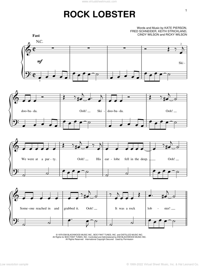 Rock Lobster sheet music for piano solo by The B-52's, Cindy Wilson, Fred Schneider, Kate Pierson, Keith Strickland and Richard Wilson, easy skill level