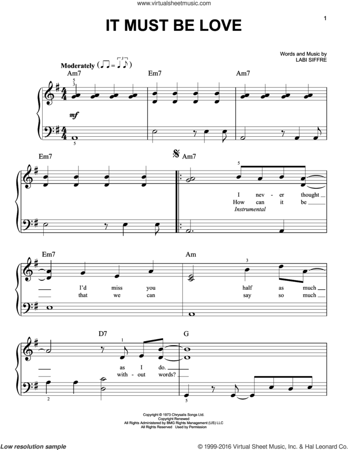 It Must Be Love sheet music for piano solo by Madness and Labi Siffre, easy skill level