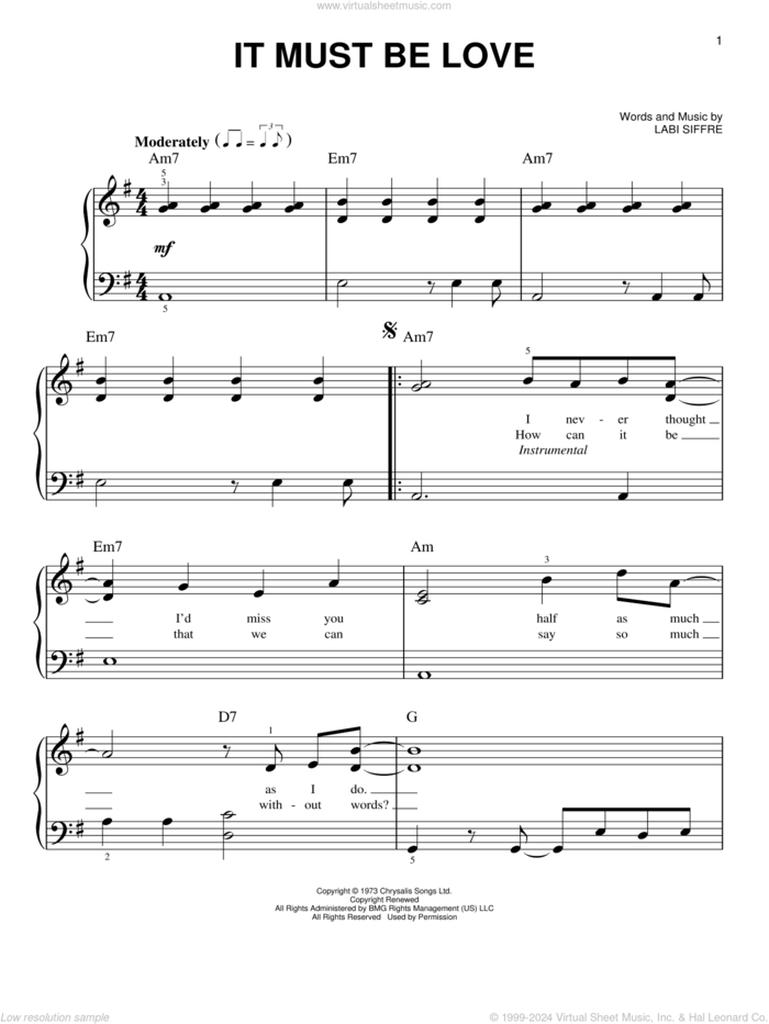 It Must Be Love sheet music for piano solo by Madness and Labi Siffre, easy skill level