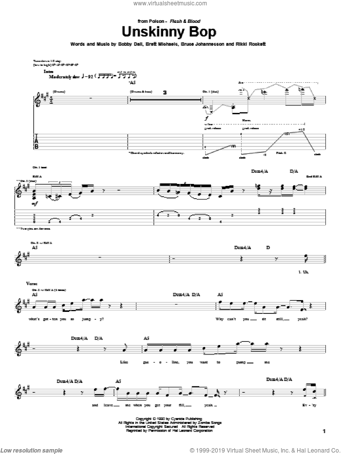 Unskinny Bop sheet music for guitar (tablature) by Poison, Bobby Dall, Brett Michaels, Bruce Johannesson and Rikki Rockett, intermediate skill level