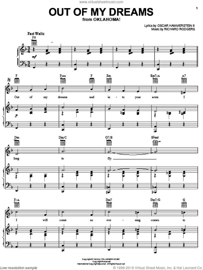 Out Of My Dreams (from Oklahoma!) sheet music for voice, piano or guitar by Rodgers & Hammerstein, Oklahoma! (Musical), Oscar II Hammerstein and Richard Rodgers, intermediate skill level
