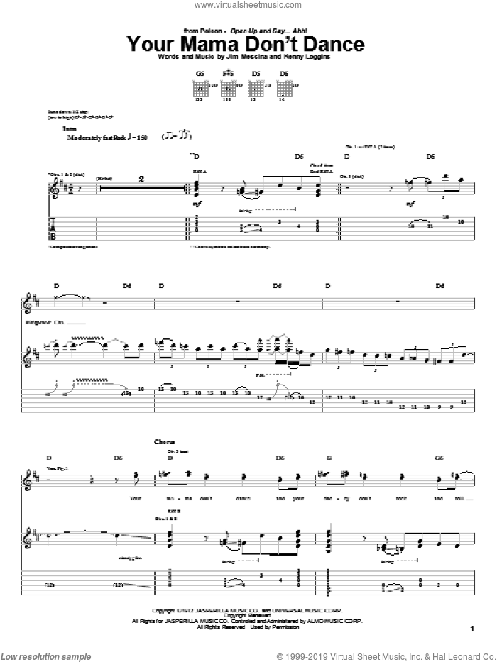Your Mama Don't Dance sheet music for guitar (tablature) by Poison, Loggins And Messina, Jim Messina and Kenny Loggins, intermediate skill level