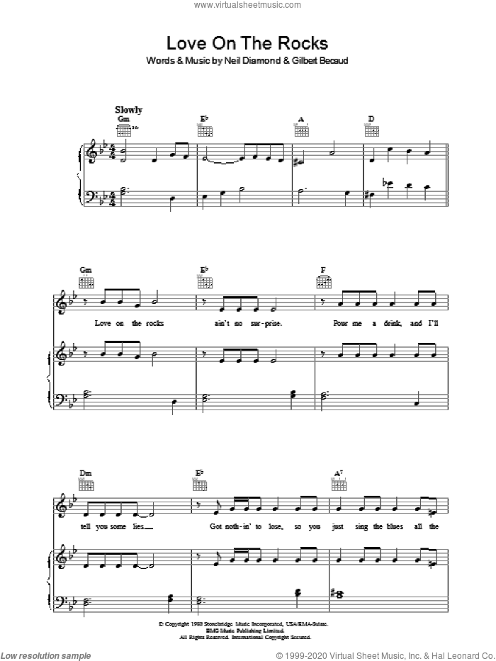 Love On The Rocks sheet music for voice, piano or guitar by Neil Diamond and Gilbert Becaud, intermediate skill level