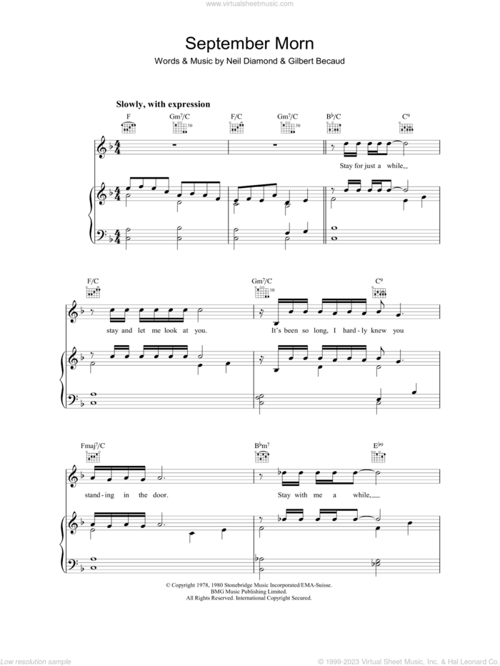 September Morn sheet music for voice, piano or guitar by Neil Diamond and Gilbert Becaud, intermediate skill level