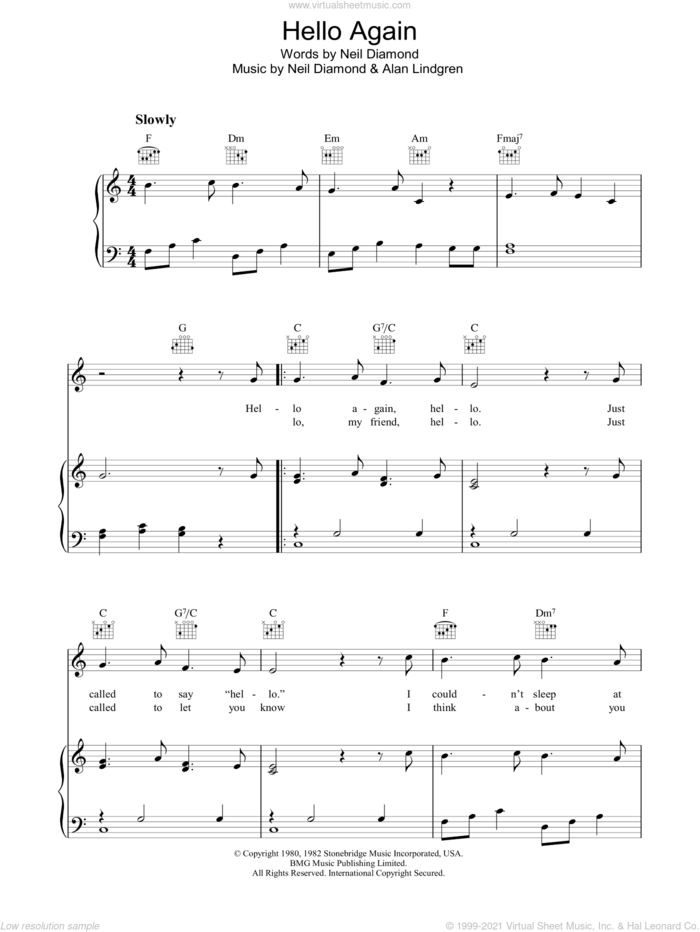Hello Again sheet music for voice, piano or guitar by Neil Diamond and Alan Lindgren, intermediate skill level