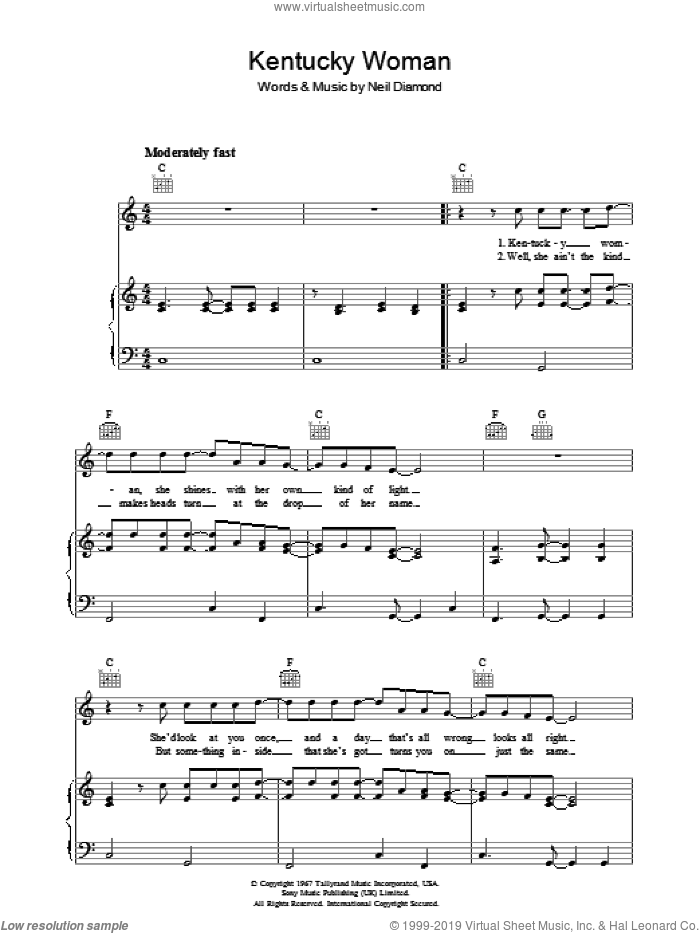 Kentucky Woman sheet music for voice, piano or guitar by Neil Diamond, intermediate skill level