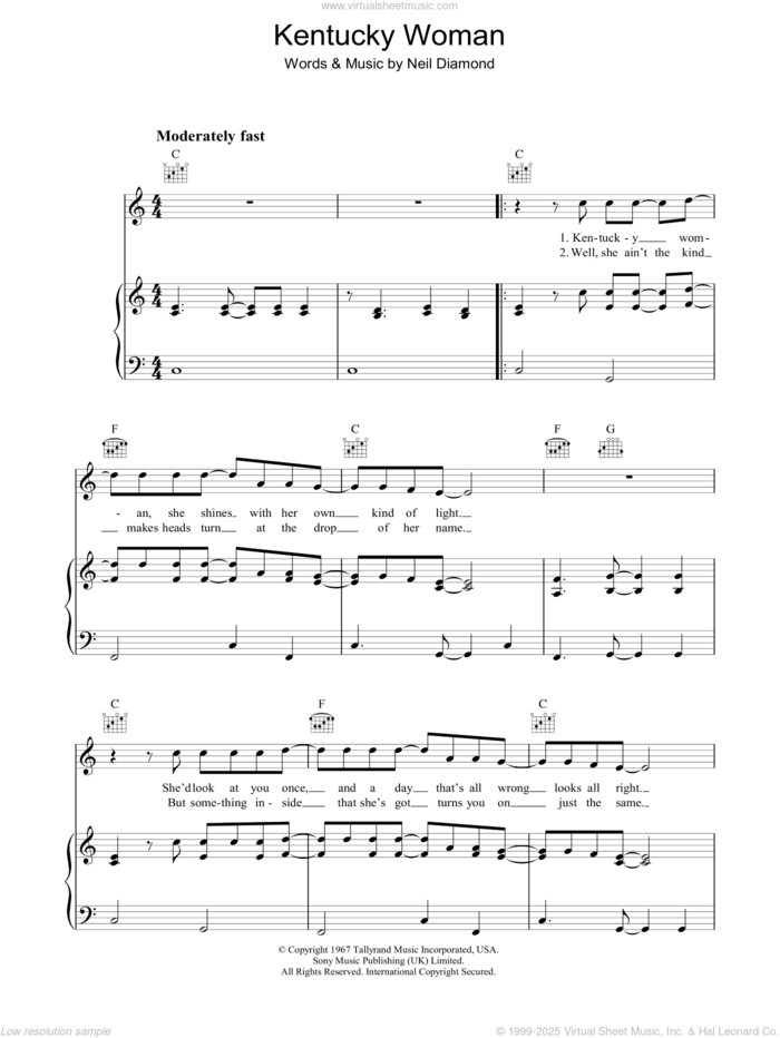 Kentucky Woman sheet music for voice, piano or guitar by Neil Diamond, intermediate skill level