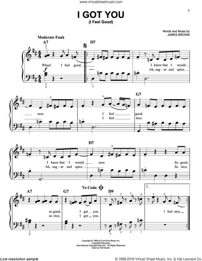 I Got You (I Feel Good) sheet music for piano solo by James Brown, beginner skill level