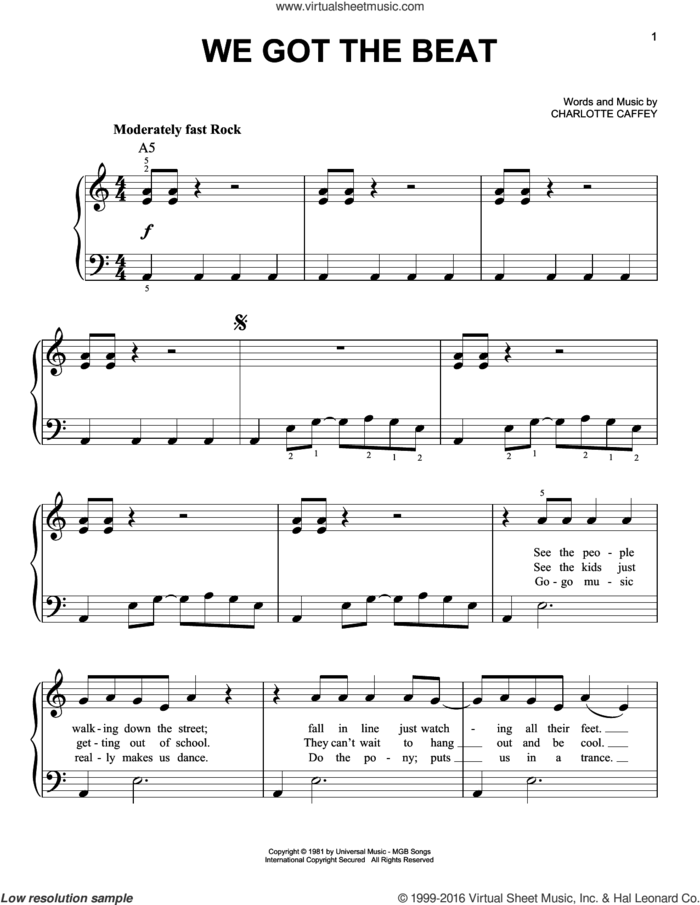 We Got The Beat sheet music for piano solo by The Go Go's and Charlotte Caffey, easy skill level