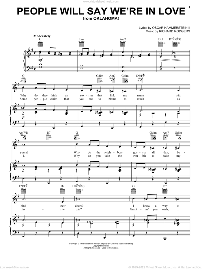 People Will Say We're In Love (from Oklahoma!) sheet music for voice, piano or guitar by Rodgers & Hammerstein, Oklahoma! (Musical), Stacey Kent, Oscar II Hammerstein and Richard Rodgers, intermediate skill level