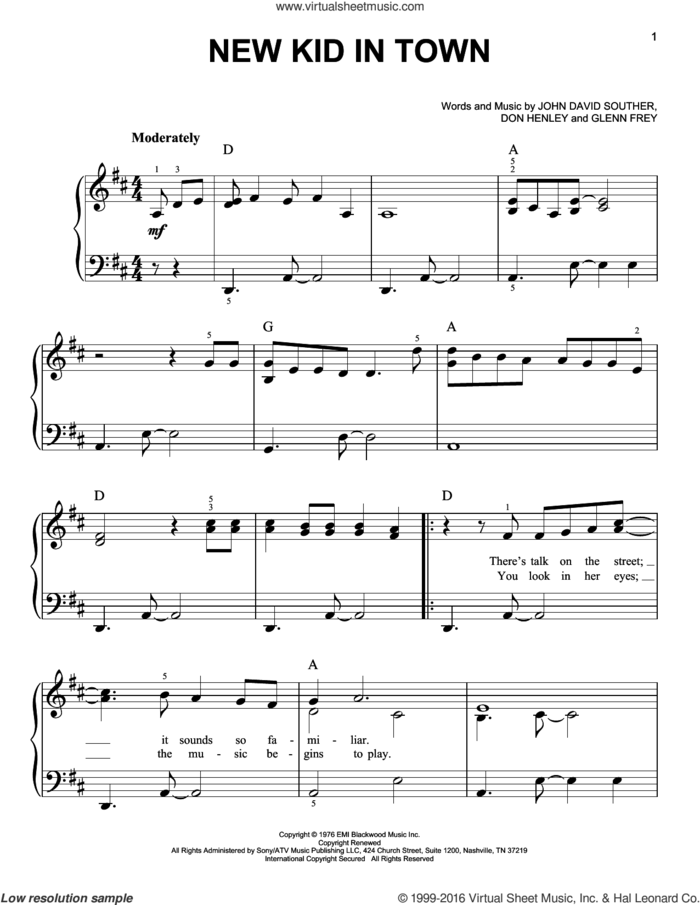 New Kid In Town sheet music for piano solo by Don Henley, The Eagles, Glenn Frey and John David Souther, easy skill level