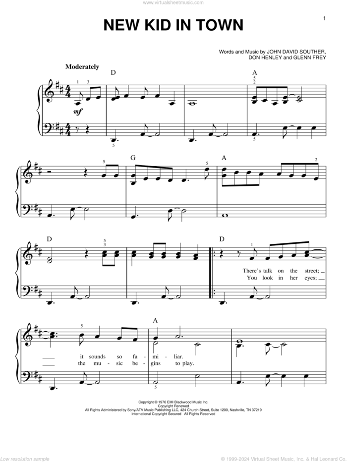 New Kid In Town sheet music for piano solo by Don Henley, The Eagles, Glenn Frey and John David Souther, easy skill level