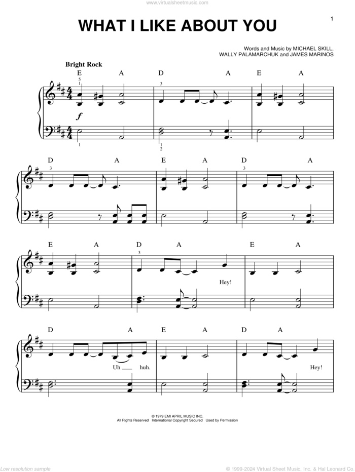 What I Like About You sheet music for piano solo by The Romantics, James Marinos, Michael Skill and Wally Palamarchuk, easy skill level