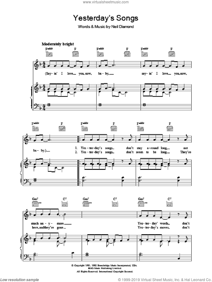 Yesterday's Songs sheet music for voice, piano or guitar by Neil Diamond, intermediate skill level