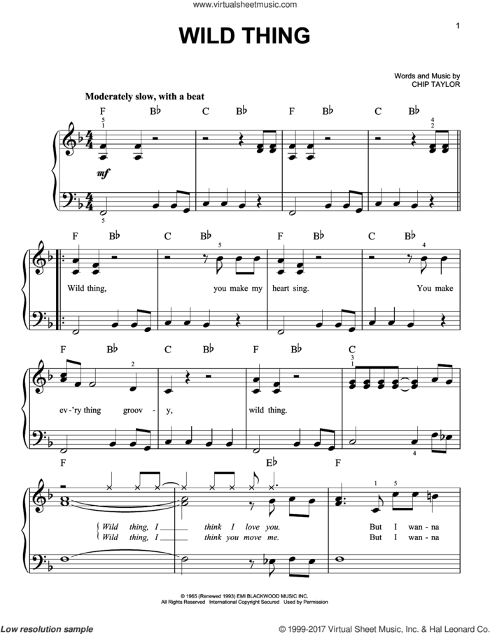 Wild Thing sheet music for piano solo by The Troggs and Chip Taylor, easy skill level