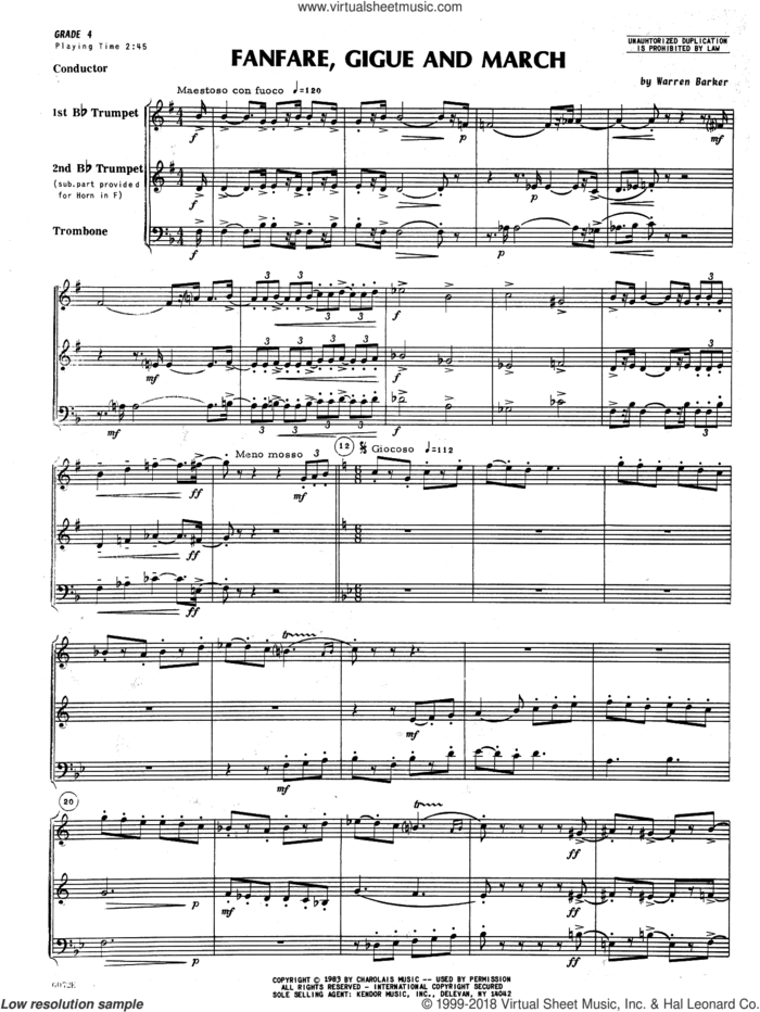 Fanfare, Gigue And March (COMPLETE) sheet music for brass quartet by Michael Barker, intermediate skill level