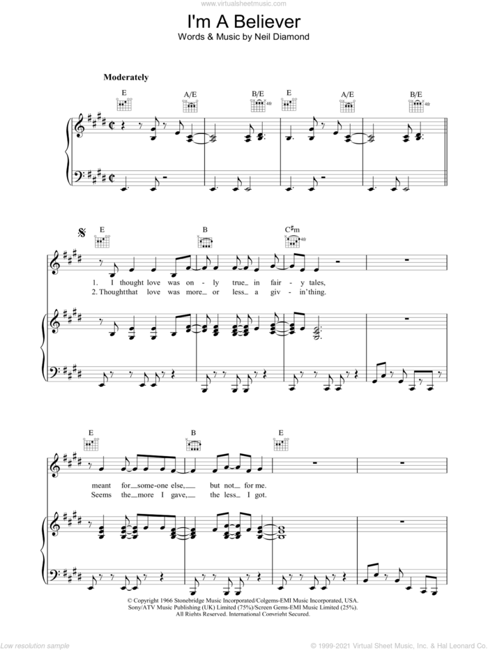 I'm A Believer sheet music for voice, piano or guitar by Neil Diamond and The Monkees, intermediate skill level