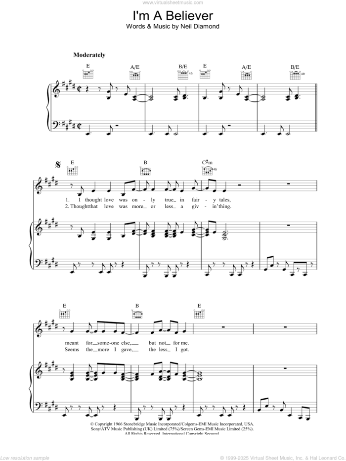 I'm A Believer sheet music for voice, piano or guitar by Neil Diamond and The Monkees, intermediate skill level