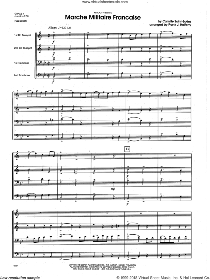 Marche Militaire Francaise (COMPLETE) sheet music for brass quartet by Camille Saint-Saens and Frank J. Halferty, intermediate skill level