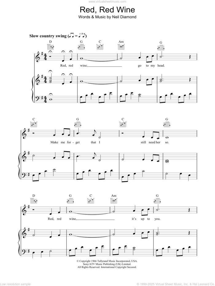 Red, Red Wine sheet music for voice, piano or guitar by Neil Diamond, intermediate skill level