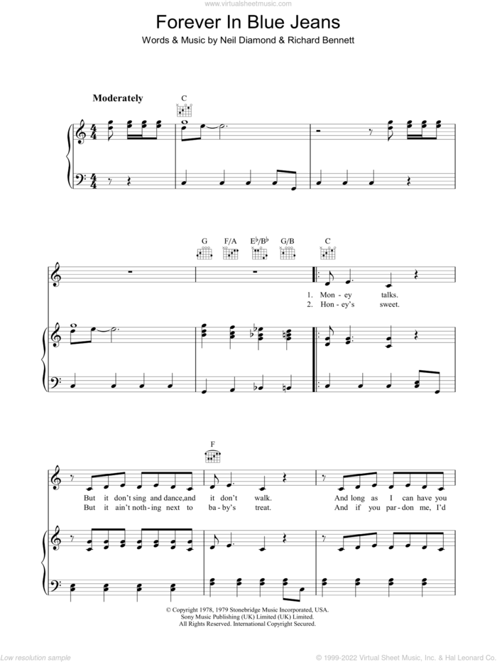 Forever In Blue Jeans sheet music for voice, piano or guitar by Neil Diamond and Richard Bennett, intermediate skill level