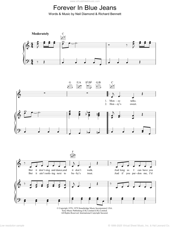 Forever In Blue Jeans sheet music for voice, piano or guitar by Neil Diamond and Richard Bennett, intermediate skill level