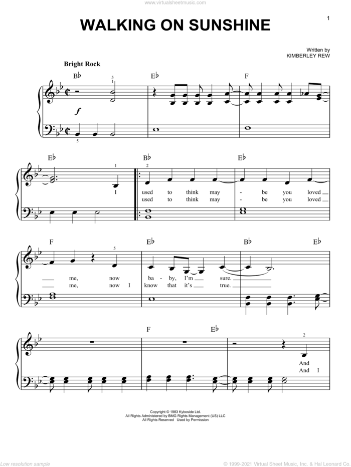 Walking On Sunshine sheet music for piano solo by Katrina And The Waves and Kimberley Rew, easy skill level