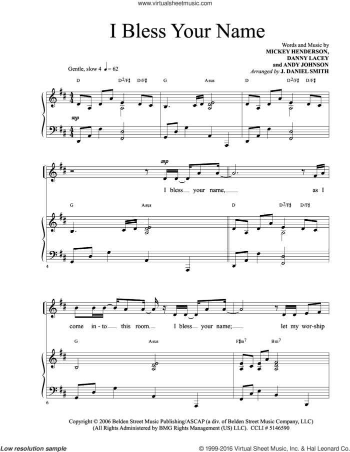 I Bless Your Name sheet music for voice and piano by Donald Henderson, Andy Johnson and Danny Lacey, intermediate skill level