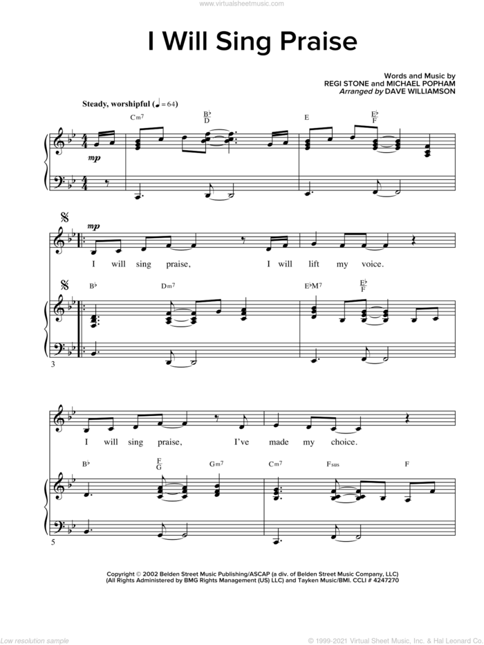I Will Sing Praise sheet music for voice and piano by Michael D. Popham and Regi Stone, intermediate skill level