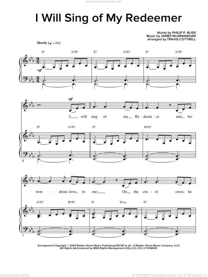 I Will Sing Of My Redeemer sheet music for voice and piano by Philip P. Bliss, James McGranahan and Travis Cottrell, intermediate skill level