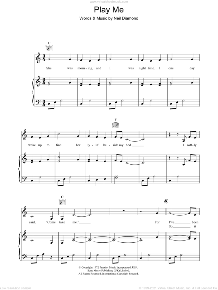 Play Me sheet music for voice, piano or guitar by Neil Diamond, intermediate skill level