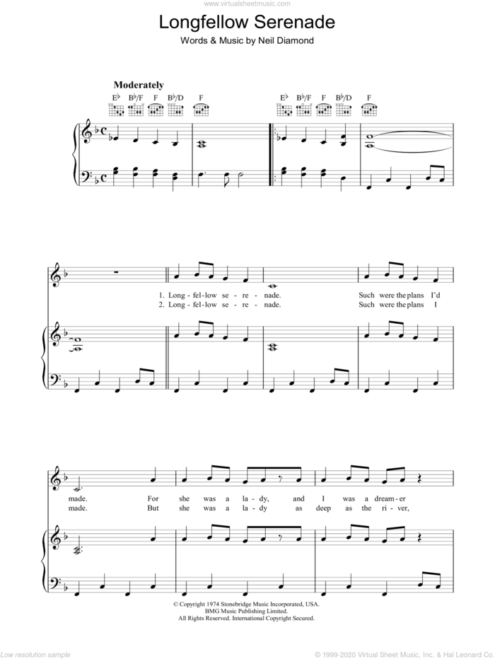 Longfellow Serenade sheet music for voice, piano or guitar by Neil Diamond, intermediate skill level