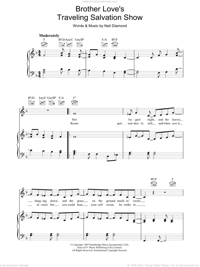 Brother Love's Travelling Salvation Show sheet music for voice, piano or guitar by Neil Diamond, intermediate skill level