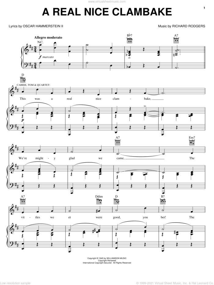 A Real Nice Clambake sheet music for voice, piano or guitar by Rodgers & Hammerstein, Carousel (Musical), Oscar II Hammerstein and Richard Rodgers, intermediate skill level