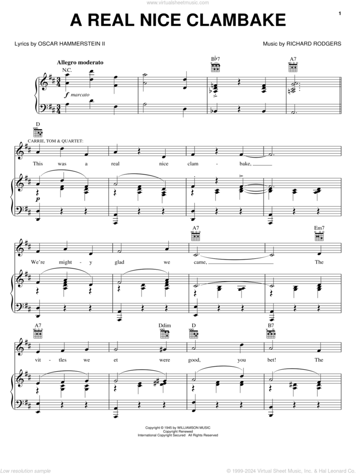 A Real Nice Clambake sheet music for voice, piano or guitar by Rodgers & Hammerstein, Carousel (Musical), Oscar II Hammerstein and Richard Rodgers, intermediate skill level